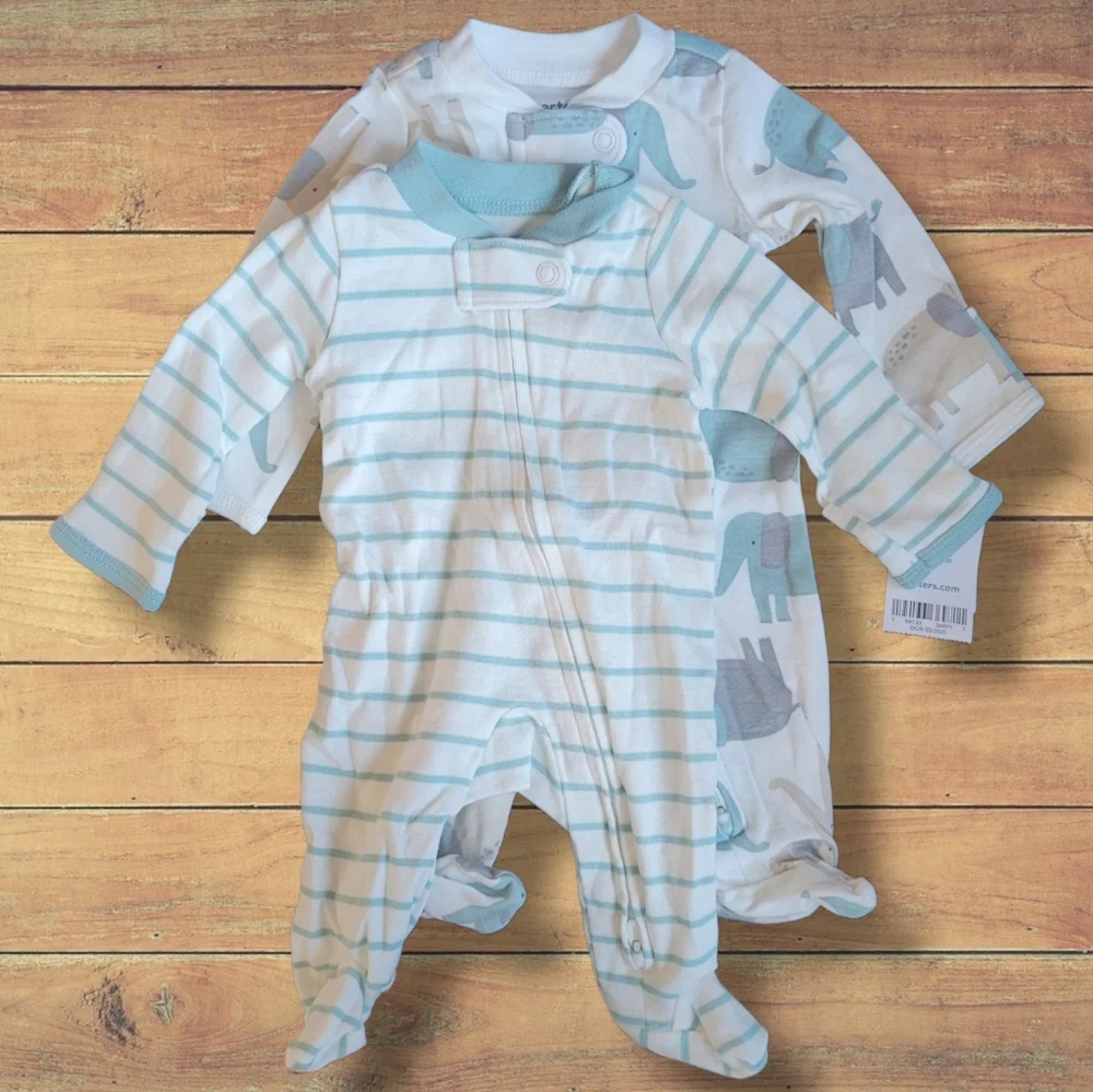 NWT Carter's Preemie Neutral 2-Pack Zip-Up Striped & Elephant Onsies